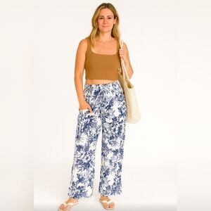Beau Dawson Linen Blend Tropical Print Navy Off-white Pants, Sz:M/L Beach Lounge